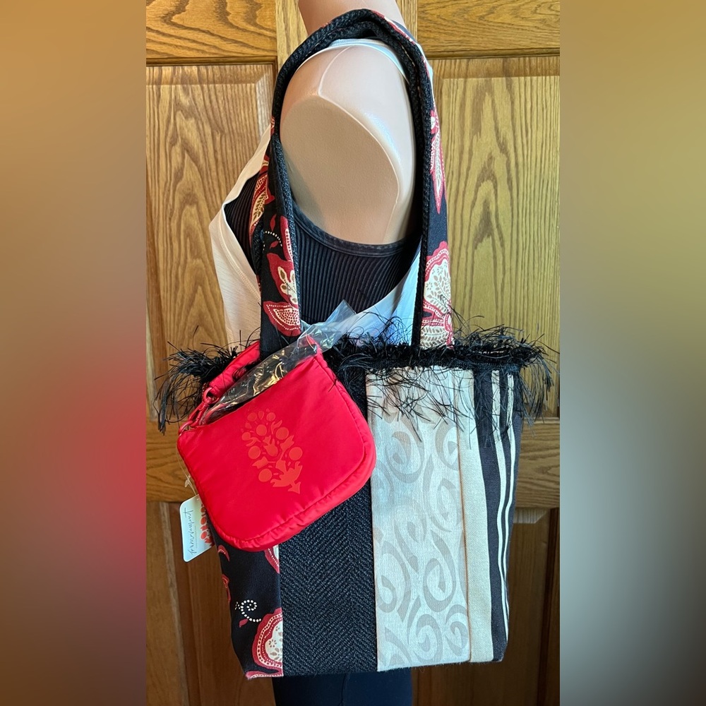 Free People Red Buti Micro Bag with Handmade Black and Red Patterned Tote